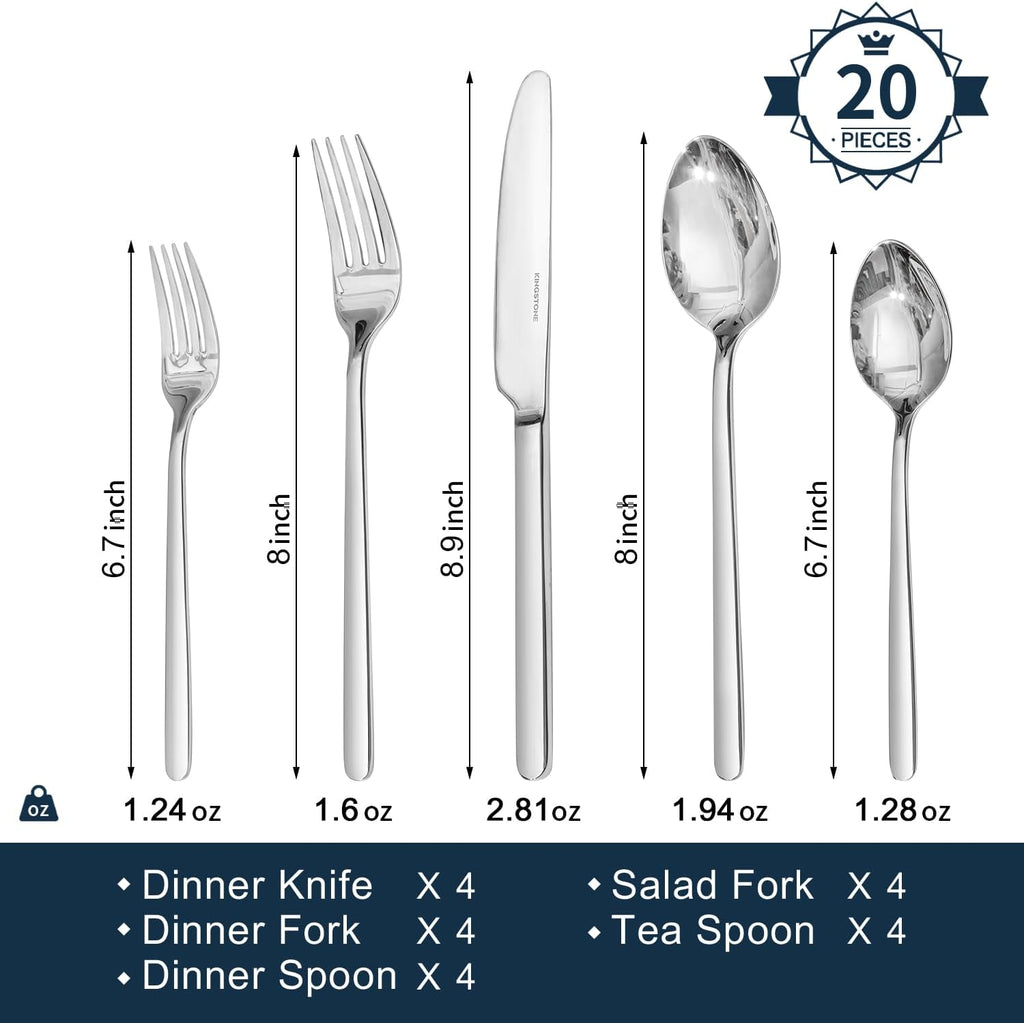 KINGSTONE Silverware Set, 20 Piece Stainless Steel Flatware for 4, Mirror Polished, Dishwasher Safe - Quality Prime Hub