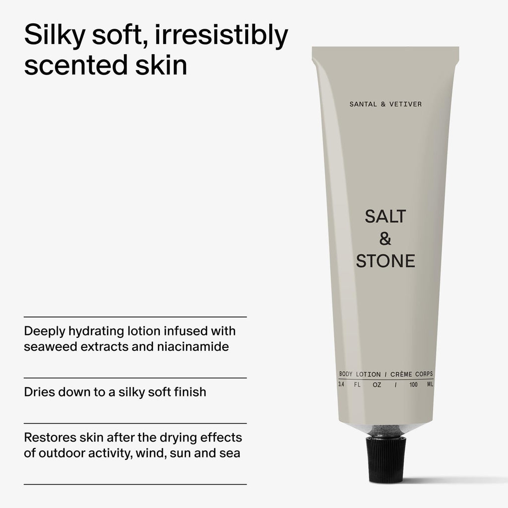 Salt & Stone Body Lotion – Hydrating Vegan Moisturizer for Men & Women, Fast-Absorbing, Santal & Vetiver (100ml)