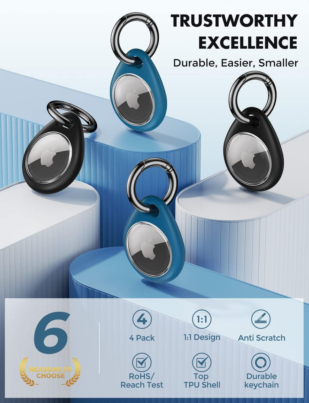 UNBREAKcable AirTag Holder 4 Pack – Waterproof TPU Protective Case with Metal Keychain, Secure Fit for Keys, Pets, Luggage & Backpacks