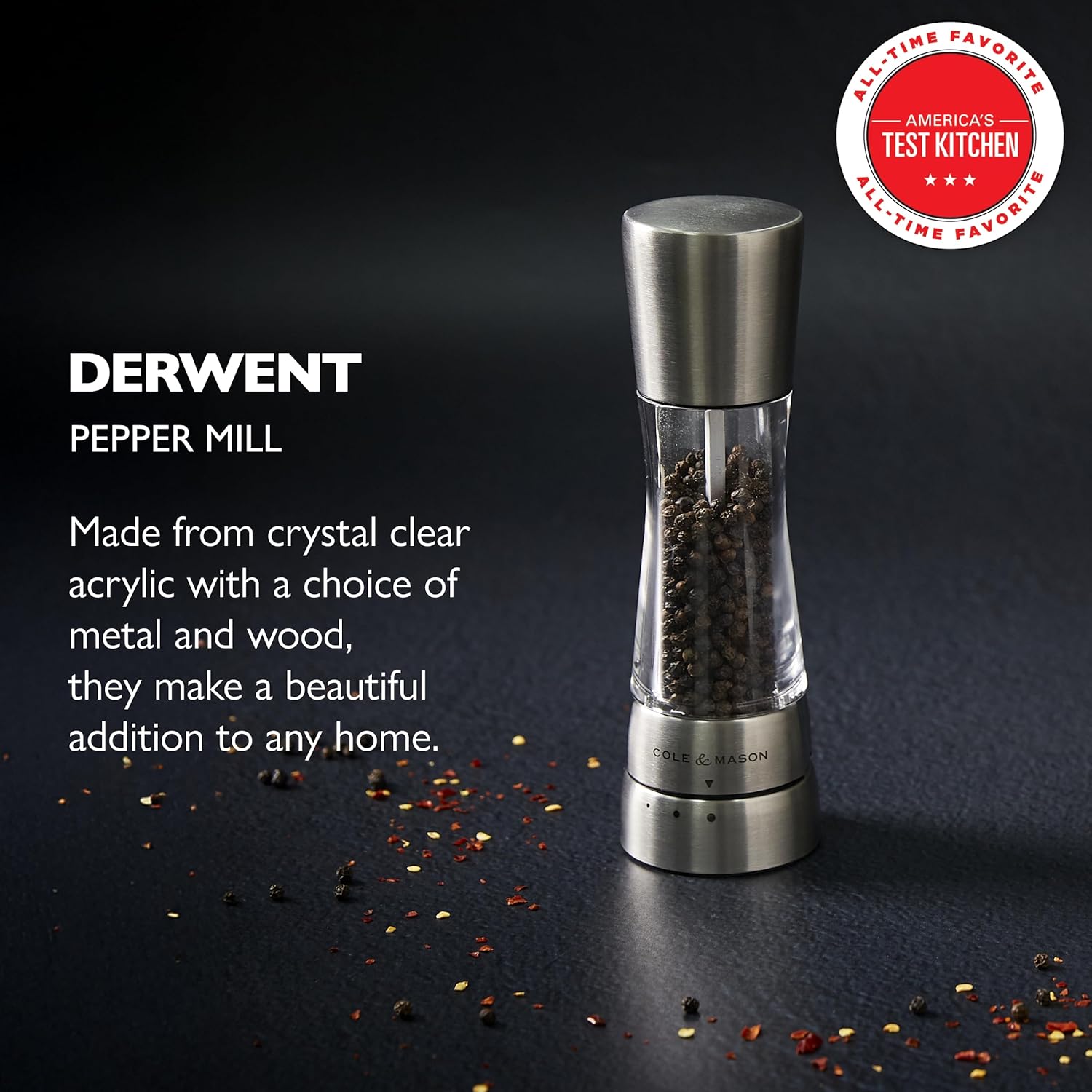 Cole & Mason Derwent Pepper Grinder – Stainless Steel Mill with Gourmet Precision Mechanism & Premium Peppercorns